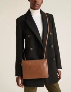 Leather Double Zip Cross Body Bag brown