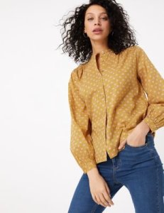 Printed High Neck Long Sleeve Blouse yellow