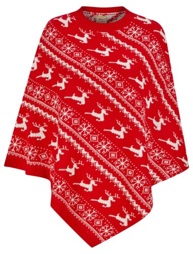 Jumpers Women's Claudia Reindeer & Snowflake Print Novelty Knitted Poncho Cape in Tokyo Red - Merry Christmas / S/M - Tokyo Laundry