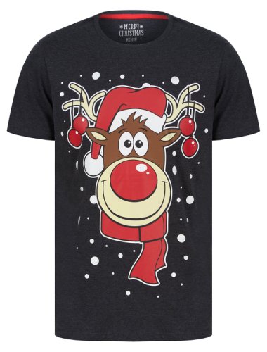 T-Shirts Men's Rudolph Snowflake Motif Novelty Cotton Christmas T-Shirt in Charcoal Marl – Merry Christmas / S - Tokyo Laundry