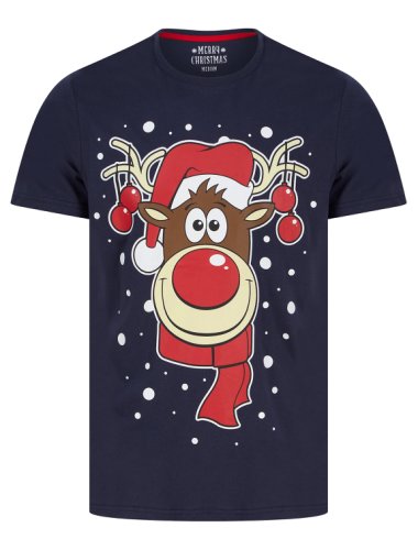 T-Shirts Men's Rudolph Snowflake Motif Novelty Cotton Christmas T-Shirt in Peacoat Blue – Merry Christmas / S - Tokyo Laundry