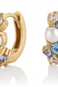 Bubble Huggie White Pearl Blue & White Crystal Gold Hoop Earrings