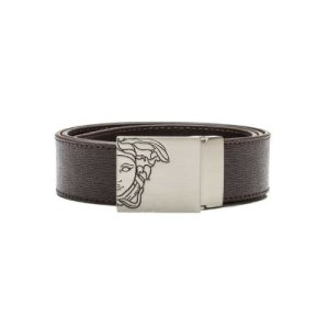 Versace Collection Men's Belt with Silver Medusa Clasp - Saffiano Leather - Dark Brown