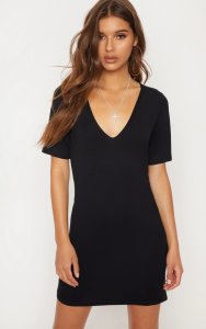 Prettylittlething - Basic black plunge v neck t shirt dress