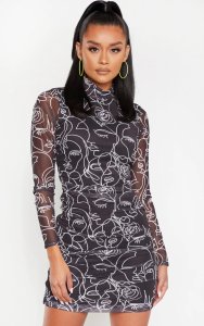 Prettylittlething - Black abstract face print mesh high neck bodycon dress