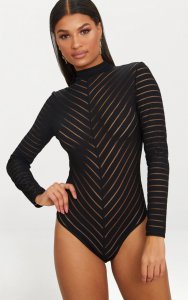 Prettylittlething - Black chevron mesh long sleeve thong bodysuit