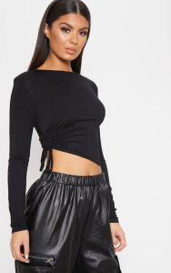 Prettylittlething - Black jersey ruched side long sleeve top