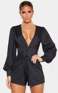Prettylittlething - Black lace up long sleeve playsuit