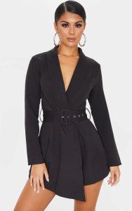 Black Long Sleeve Tailored Belted Playsuit