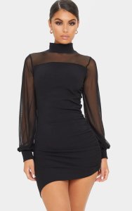 Black Mesh Bodice Long Sleeve Ruched Bodycon Dress
