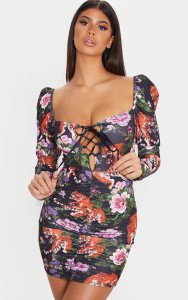 Prettylittlething - Black oriental tiger print long puff sleeve lace up ruched bodycon dress