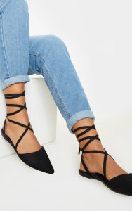 Prettylittlething - Black point toe ankle tie flat