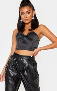 Prettylittlething - Black satin bandeau bow front cropped corset