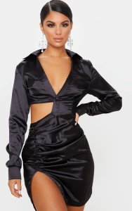 Prettylittlething - Black satin cut out ruched shirt dress