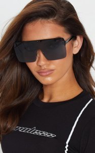 Black Single Lens Frameless Block Sunglasses, Black