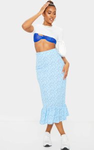 Blue Ditsy Floral Frill Hem Midaxi Skirt