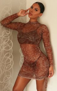 Brown Bandana Print Mesh Ruched Detail Long Sleeve Bodycon Dress