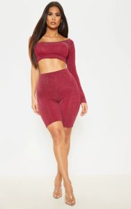 Prettylittlething - Burgundy textured glitter high waisted cycle shorts