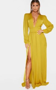 Prettylittlething - Chartreuse puff sleeve extreme plunge waist detail maxi dress