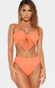 Prettylittlething - Coral crinkle bow bikini top