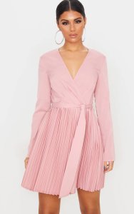 Dusty Pink Long Sleeve Pleated Skater Dress