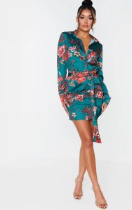 Prettylittlething - Emerald green floral print satin ruched shirt dress