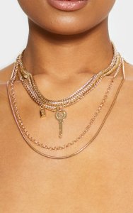 Gold Multi Chain Lock And Key Necklace
