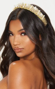 Prettylittlething - Gold pearl and diamante embellished alice headband