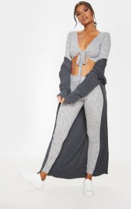 Prettylittlething - Grey tie front crop and jogger lounge set