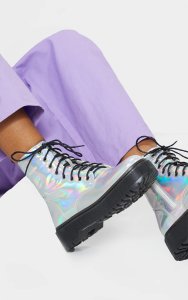 Holographic Lace Up Chunky Ankle Boots