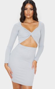 Ice Grey Long Sleeve Twist Cut Out Bodycon Dress