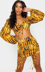Prettylittlething - Mustard tie dye woven ruched tie front puff sleeve crop top