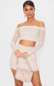 Prettylittlething - Nude mesh bardot ruched sleeve crop top