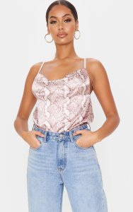 Prettylittlething - Nude snake satin cowl neck cami
