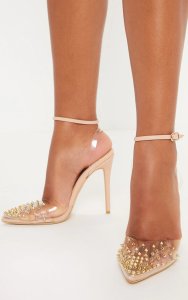Prettylittlething - Nude studded clear court shoes, pink