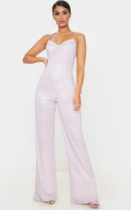 Prettylittlething - Pale pink glitter cup detail wide leg jumpsuit