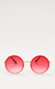 Pink Lens Gold Chain Trim Round Frame Sunglasses