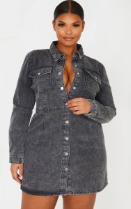 Prettylittlething - Plus charcoal denim button front shirt dress