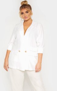 Prettylittlething - Plus white woven gold button oversized blazer