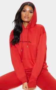 PRETTYLITTLETHING Red Embroidered Oversized Hoodie