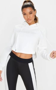 PRETTYLITTLETHING White Embossed Cropped Sports Hoodie