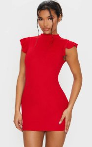 Prettylittlething - Red high neck cap sleeve bodycon dress