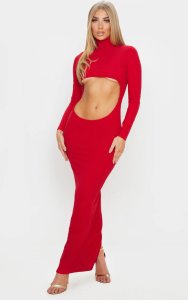 Red High Neck Long Sleeve Extreme Centre Cut Out Midi Dress