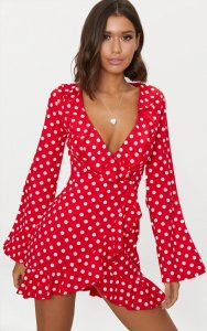 Red Polka Dot Frill Detail Flare Sleeve Wrap Dress