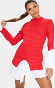 Red Ribbed Bodycon Shirt Detail Dress