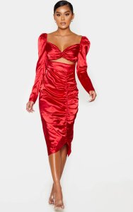Red Satin Twist Front Ruched Skirt Midi Dress