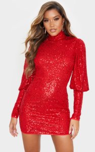 Red Sequin Puff Sleeve Bodycon Dress