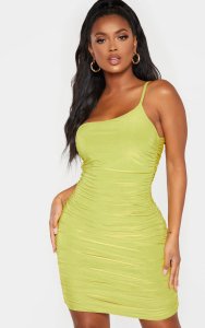 Shape Chartreuse Slinky Ruched Asymmetric Bodycon Dress