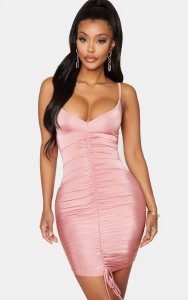 Prettylittlething - Shape dusty pink slinky ruched front strappy bodycon dress