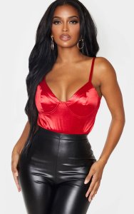 Shape Red Satin Cup Detail Binded Bodysuit